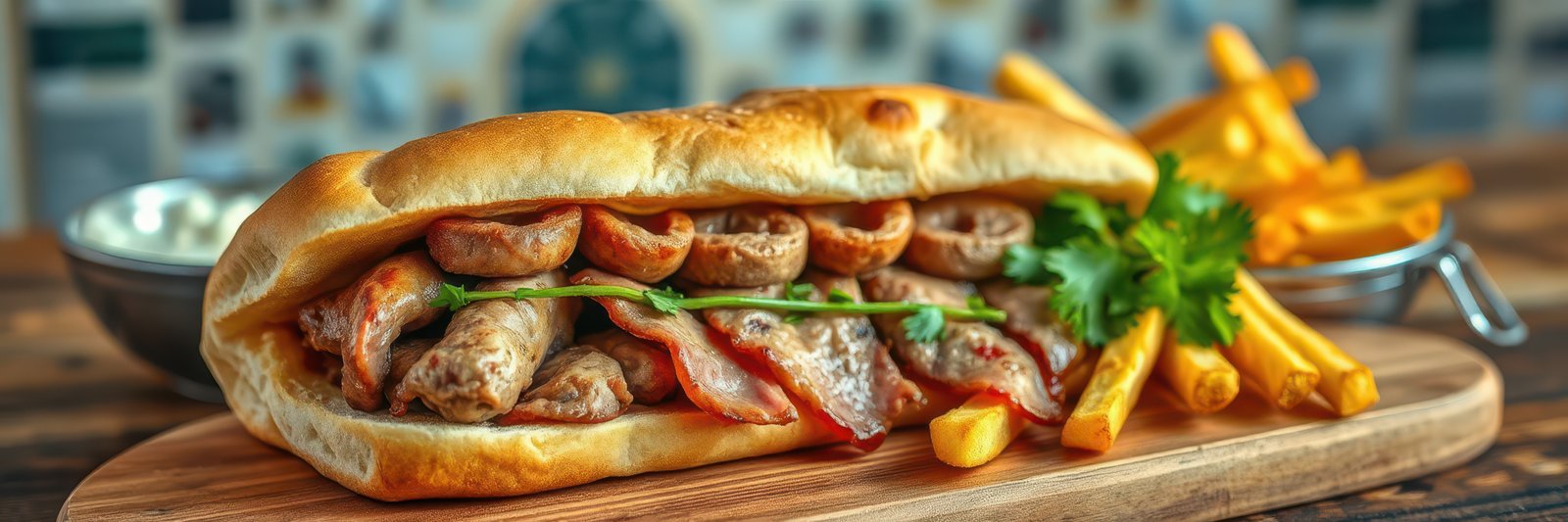 Delicious sandwich with grilled meat and fries served on a wooden board in a cozy setting